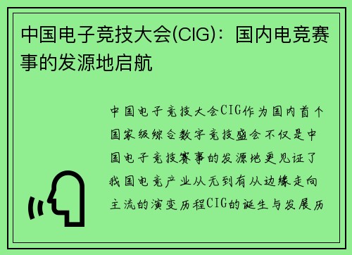 中国电子竞技大会(CIG)：国内电竞赛事的发源地启航